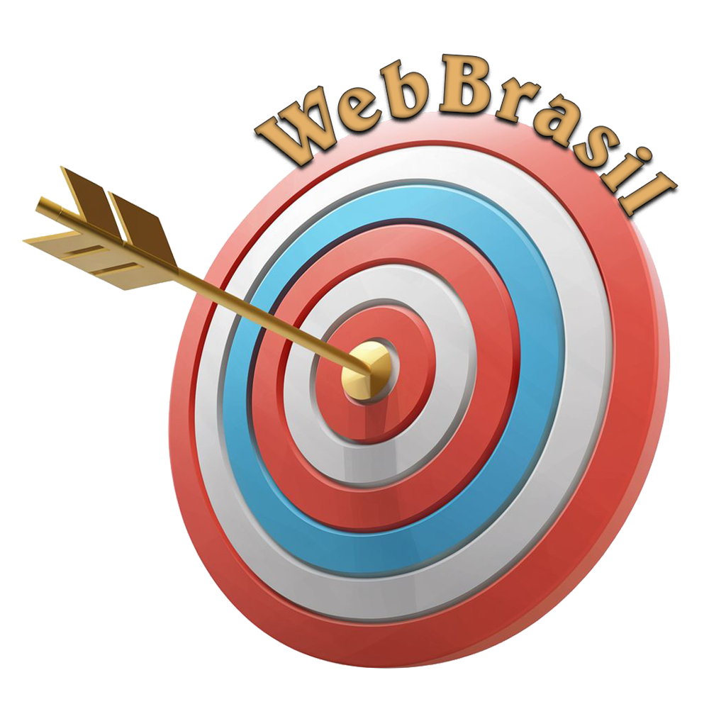 "Logotipo WebBrasil apresentando um alvo 3D em vermelho e azul com uma flecha dourada no centro em fundo transparente." (Fundamental para que o algoritmo entenda o visual)