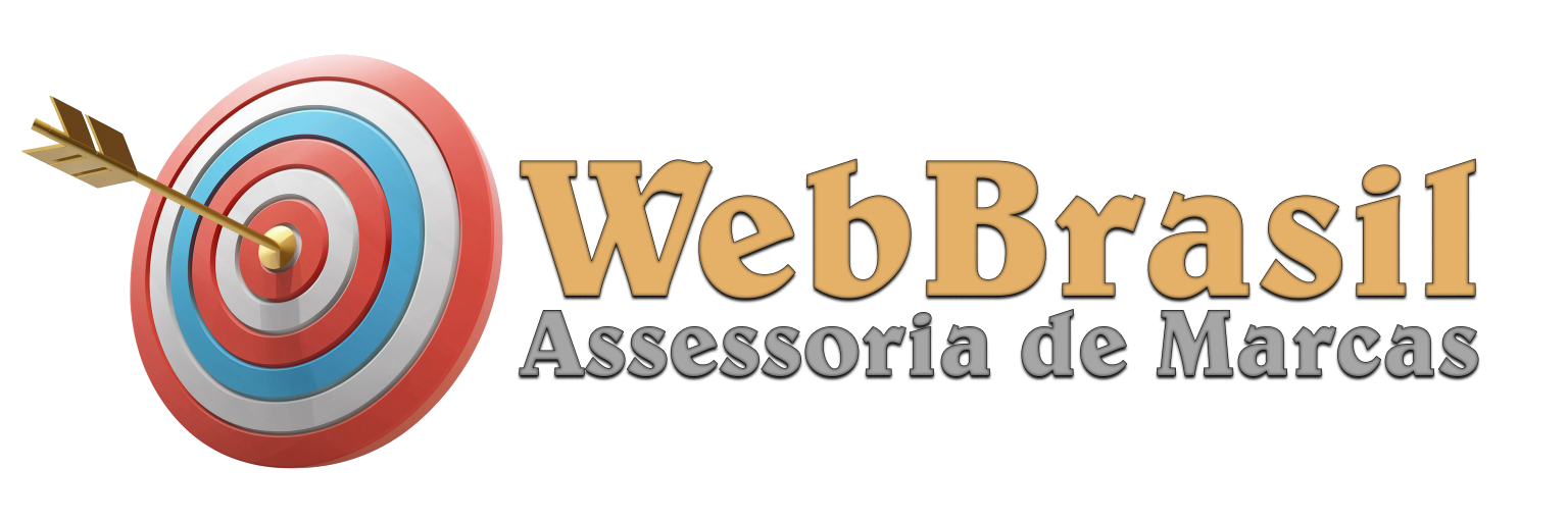 "Logotipo WebBrasil horizontal com ícone de alvo 3D à esquerda e nome da empresa em letras douradas com contorno, em fundo transparente."