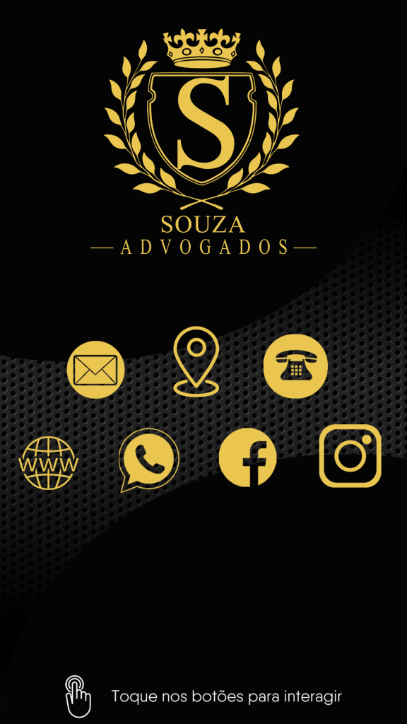Cartão virtual de luxo com fundo preto texturizado e elementos em dourado. Apresenta um logotipo com brasão, coroa e a letra "S" centralizada, seguido pelo nome "Souza Advogados". Na parte inferior, sete ícones circulares dourados representam e-mail, localização, telefone fixo, site, WhatsApp, Facebook e Instagram, com a instrução "Toque nos botões para interagir".