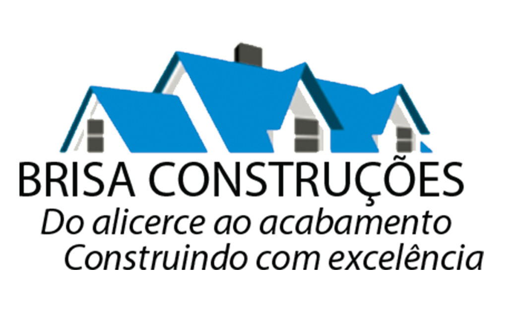 Logotipo da Brisa Construções apresentando três silhuetas de telhados de casas em azul degradê, com o nome da empresa e o slogan 'Do alicerce ao acabamento Construindo com excelência' em preto sobre fundo transparente.