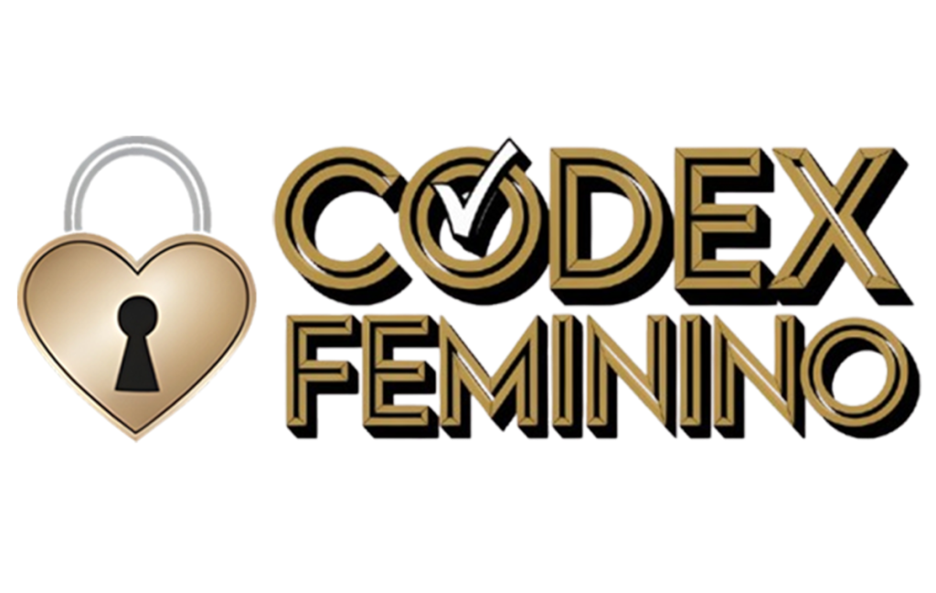Logotipo Codex Feminino com letras douradas e contorno preto, apresentando um ícone de cadeado dourado em formato de coração à esquerda com um check (visto) na letra O.