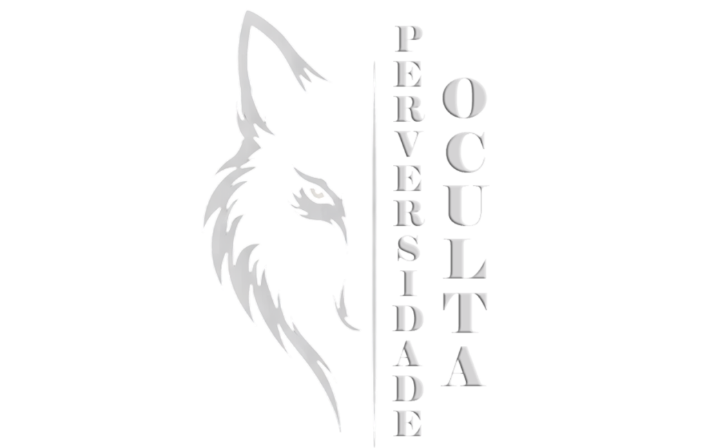 "Logotipo artístico apresentando o perfil estilizado de um lobo à esquerda, composto por linhas fluidas e sombreadas. À direita, o título 'PERVERSIDADE OCULTA' escrito verticalmente em letras maiúsculas com efeito de profundidade."