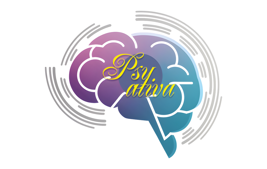 "Logotipo Psy Ativa apresentando o contorno de um cérebro humano em degradê de rosa, roxo e azul. Ao centro, o nome 'Psy Ativa' em letras cursivas douradas, com ondas cerebrais estilizadas em cinza ao redor."