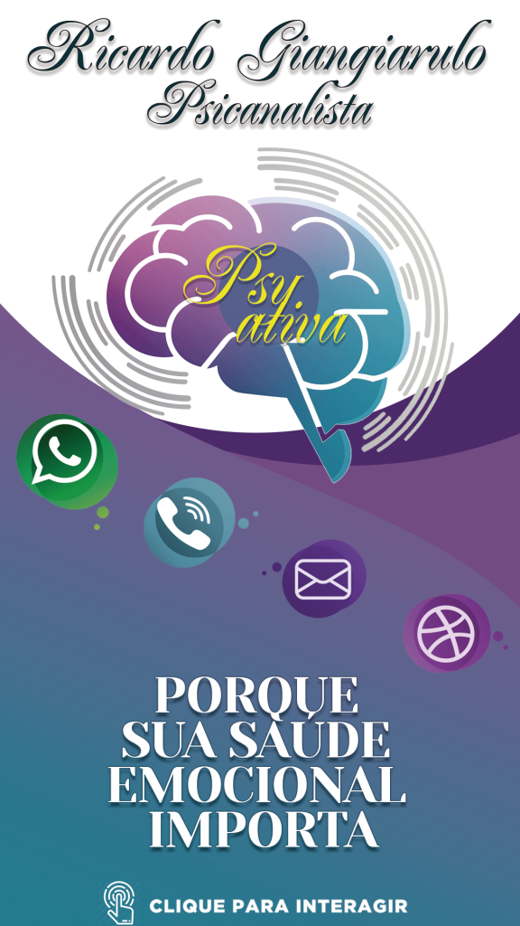 Cartão virtual interativo com paleta de cores roxo e azul, apresentando o nome Ricardo Giangiarulo Psicanalista, uma ilustração de cérebro com o logotipo "Psy ativa" e ícones de contato para WhatsApp, telefone e e-mail.