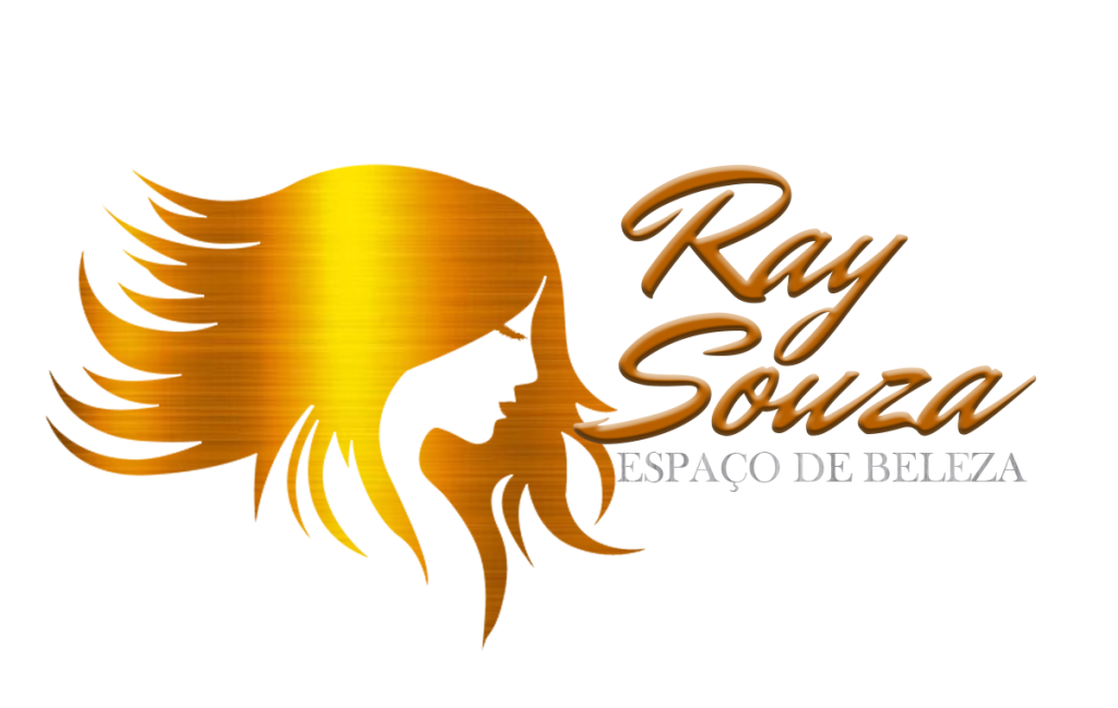 Logotipo Ray Souza Espaço de Beleza apresentando uma silhueta dourada de perfil feminino com cabelos longos e fluidos, ao lado do nome da marca em letras douradas sobre um fundo transparente.