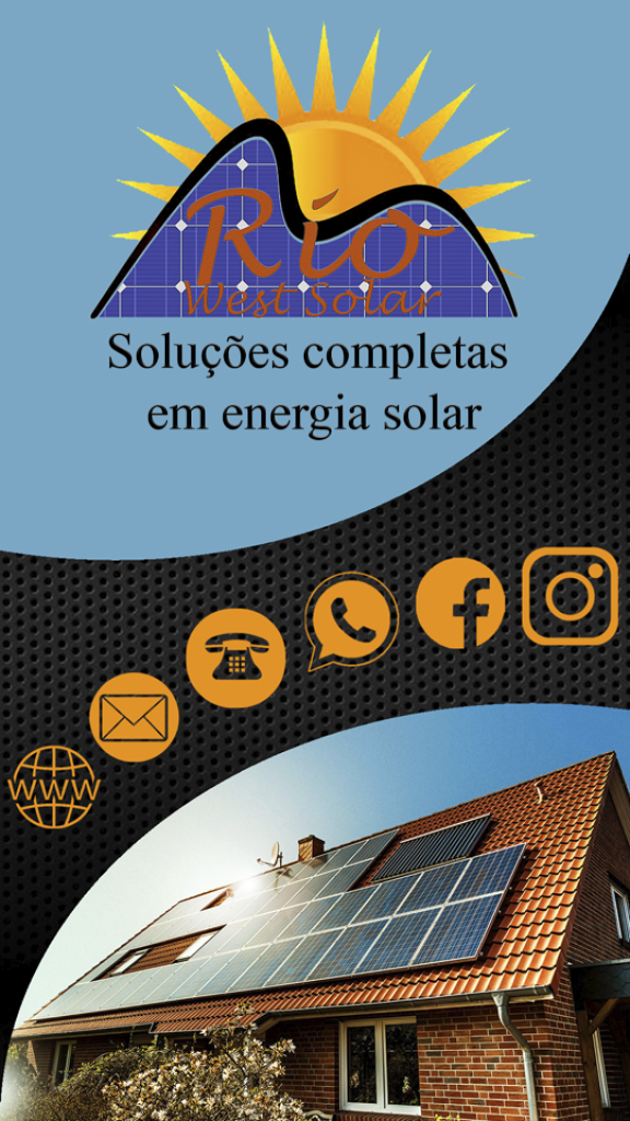 Cartão virtual com topo azul ciano exibindo o logotipo da Rio West Solar e um sol estilizado. Uma seção central preta em formato de onda contém ícones dourados para site, e-mail, telefone fixo, WhatsApp, Facebook e Instagram. Na base da imagem, vê-se uma casa com painéis solares instalados no telhado.