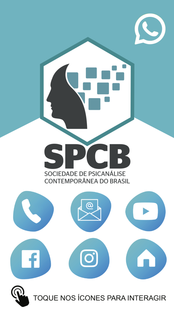 Cartão virtual de fundo ciano e branco com o logotipo da SPCB (Sociedade de Psicanálise Contemporânea do Brasil). Apresenta ícones circulares para contato via WhatsApp, telefone, e-mail, YouTube, Facebook, Instagram e site, com a instrução "Toque nos ícones para interagir".